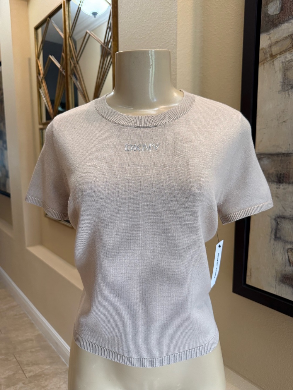 DKNY Jeans white short-sleeve knit sweater with a crystal-embellished logo